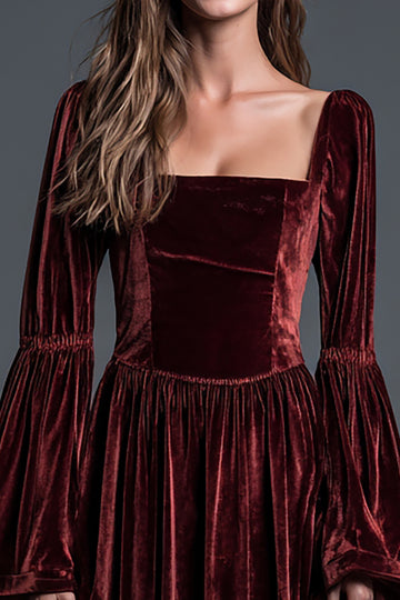 Burgundy A-Line Square Neck Holiday Party Dress with Flare Sleeves
